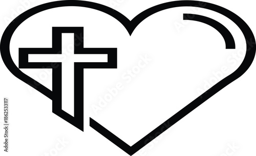 Minimalist Christian Cross and Heart Outline Icon Representing Divine Love Faith Mercy Compassion Spiritual Devotion and Religious Symbolism for Church Design