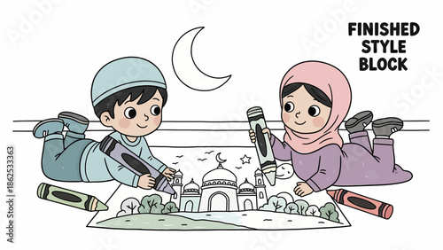 Children coloring a mosque and cityscape with crescent moon, Ramadan or Eid celebration concept