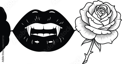 Seductive Gothic Vampire Lips Silhouette with Sharp Fangs Holding a Detailed Rose Flower for Dark Romantic Horror Theme Tattoo Illustration