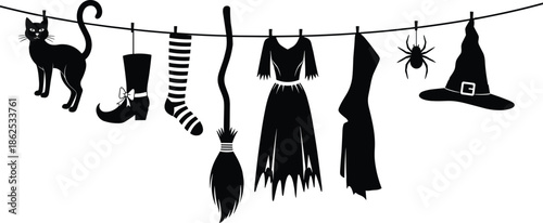 Spooky Halloween Witch Laundry Line Silhouette with Hanging Hat Socks Cat and Spiders Plus Flying Broomstick for Autumn Holiday Vector Decor