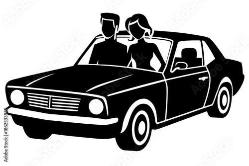 Couple in car silhouette vector illustration isolated on white background