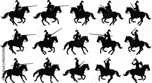 Medieval cavalry warrior silhouettes on horseback featuring mounted soldiers with lances isolated on white background historical warfare vector illustration set