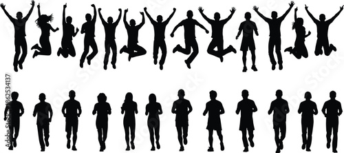 Black silhouettes set of active people in a park including children playing cycling walking and jumping for outdoor lifestyle concepts