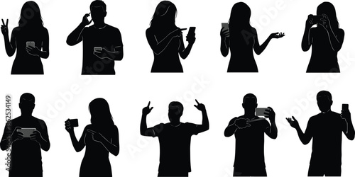Set of People Silhouettes Using Smartphones Vector Illustration Featuring Men and Women Calling Texting and Taking Selfies Isolated
