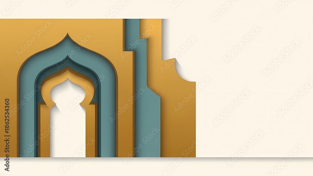 Fototapeta premium Abstract Islamic archway and doorway design with gold and teal geometric patterns, perfect for Ramadan and Eid celebrations