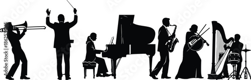 Black silhouettes set of professional musicians including conductor pianist and harpist playing classical and jazz music for concert and performance