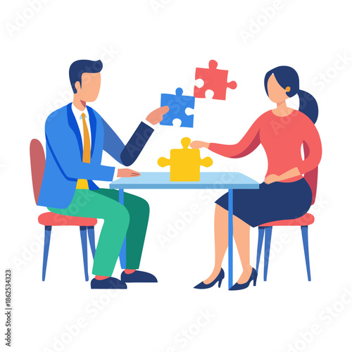 Man and woman negotiating at the table. Animation ready duik friendly vector Illustration. Conceptual business story. Puzzle connection, teamwork abstract metaphor, partnership, solving ... See More