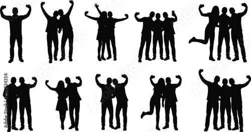 Black silhouettes set of friends and couples taking selfies with smartphones including group photos and romantic pairs for social media