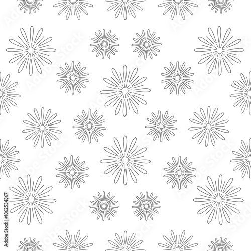 Intricate floral pattern with diverse-sized radiating flowers in monochrome grayscale design perfect for textiles or backgrounds