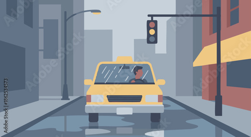 “Taxi driver driving a taxi on a rainy day, raindrops shown as simple lines on the windshield, city background simplified, flat vector illustration