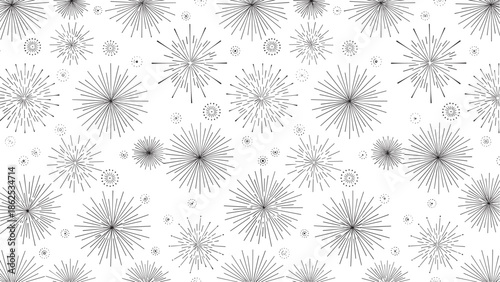 Minimalist black and white abstract firework pattern with various explosion designs perfect for festive, celebratory, or event backgrounds and decorative projects in digital and print media