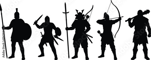 Medieval warrior silhouettes with weapons and armor isolated on white background fantasy history combat characters vector illustration set for design