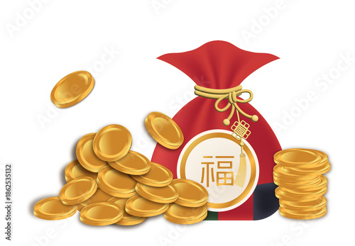 Red Lucky Bag and Gold Coins for Chinese New Year Prosperity