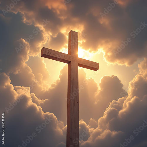 A glowing cross in the sky above soft clouds at sunset symbolizing faith hope and heaven