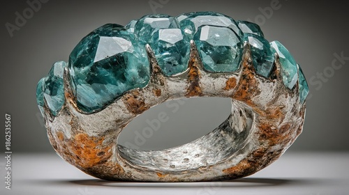 Exquisite Chunky Statement Ring Adorned With Numerous Aquamarine Crystals Set Into Rough Textured Silver and Bronze Band Isolated on a Neutral Gradient Background