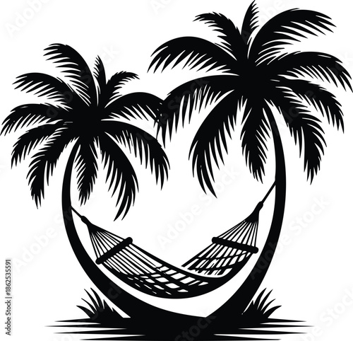 Silhouette of two palm trees with a hammock strung between them representing relaxation and tropical vacation isolated on white