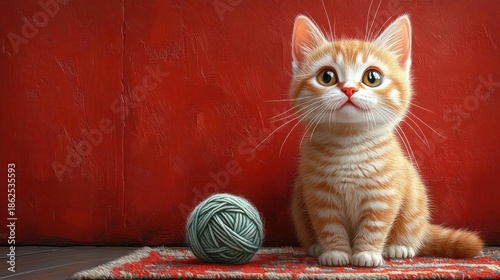 Cute Orange Tabby Kitten Sitting on a Rug Next to a Ball of Yarn Against a Textured Red Wall with Soft Lighting