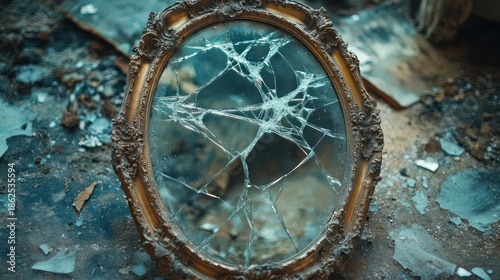 Ornate antique mirror with fractured glass resting on debris and rubble in dimly lit abandoned room a symbol of decay and lost memories