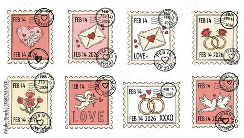 バレンタインデーをテーマにした、ハート、手紙、指輪、キューピッド、鳩などの愛らしいイラストが描かれた8種類の切手セット。.