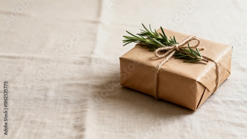 Gift wrapped in brown paper with greenery