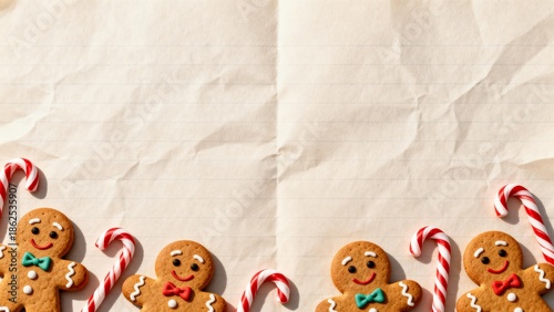 Gingerbread men and candy canes on paper