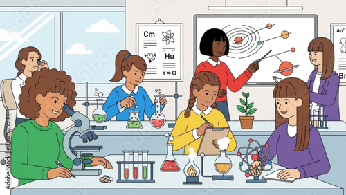 Students conducting science experiments in a laboratory setting with microscopes and test tubes under teacher supervision