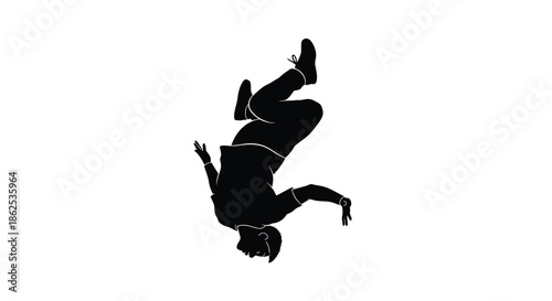 Silhouette illustration depicting a breakdancer executing a dynamic power move upside down during an energetic street dance performance showcasing athletic skill and urban style