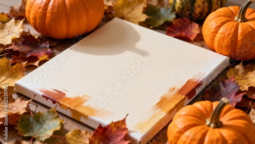 Canvas with pumpkins and autumn leaves