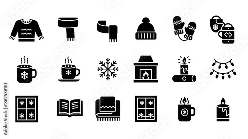 Collection of black silhouette icons representing winter, cozy items, and cold weather essentials like clothing, hot drinks, and home decor.