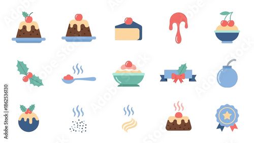 A collection of flat design icons depicting various desserts, including puddings, cakes, and festive elements like holly and ribbons.