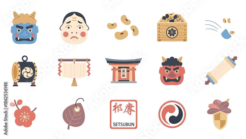 Collection of traditional Japanese cultural and religious icons, including Setsubun festival elements like Oni masks, soybeans, and torii gates.