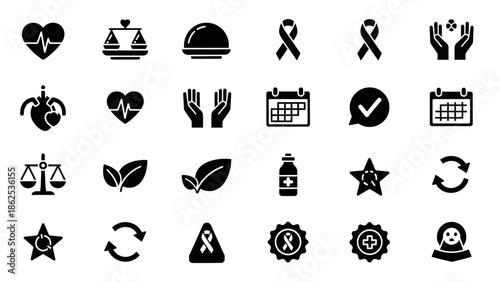 A grid of black glyph icons representing health, wellness, balance, awareness, and daily concepts.