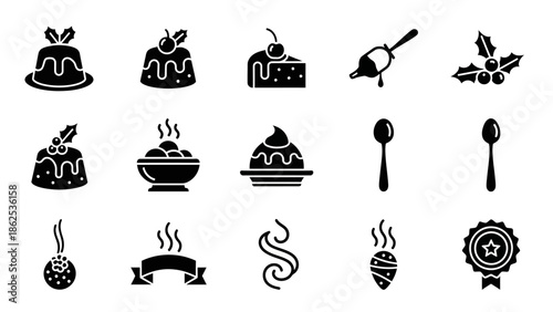 A collection of black silhouette icons depicting various Christmas desserts, puddings, holly, and related food items.