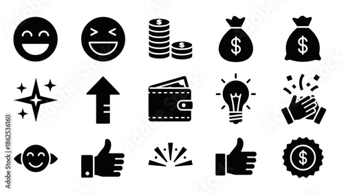 A collection of black silhouette icons representing happiness, success, money, ideas, and positive feedback, including emojis, currency, and achievement symbols.