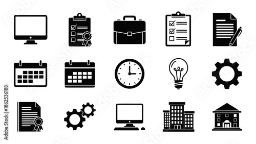 Set of black solid business and office icons including computer, clipboard, briefcase, calendar, document, clock, light bulb, gear, building, and institution symbols.