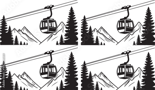 Cable cars traversing through mountains with trees in black and white illustration