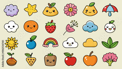 Adorable Hand-Drawn Kawaii Emojis - Bold Outline Vector Sticker Pack, Minimalist Kawaii Planner Icons - Cute Vector Characters for Digital Stickers, Minimalist Kawaii Planner Icons - Cute Vector Chara