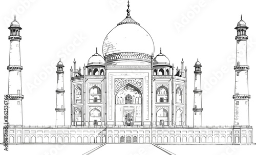 Detailed black and white architectural sketch of the Taj Mahal mausoleum isolated on white background for travel and history