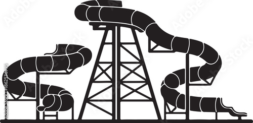 Industrial pipes and structures in a black and white illustration