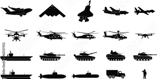 Military equipment silhouette set with aircraft ships tanks helicopters isolated on white background defense warfare icons collection vector illustration detailed