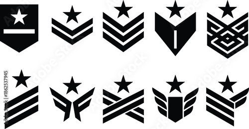 Military rank insignia icons set, black army badge symbols isolated on white background vector illustration modern flat design style collection