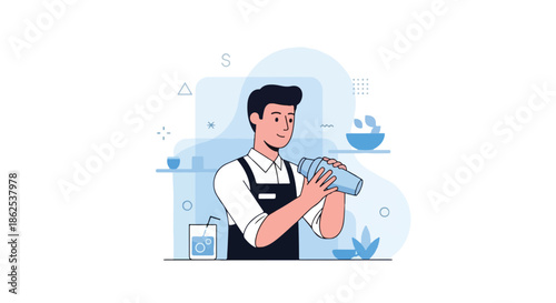 Professional Bartender Making Cocktail Drink at Bar Counter Flat Vector Illustration