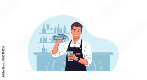 Professional Bartender Making Cocktail Drink at Bar Counter Flat Vector Illustration