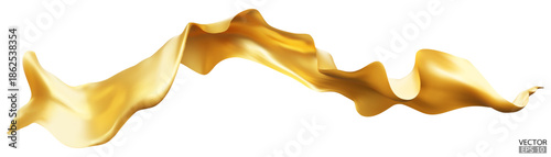 Flying golden silk textile fabric flag background. Smooth elegant gold Satin Isolated on white Background for grand opening ceremony. Golden curtain. 3d vector illustration