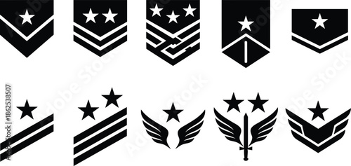 Military rank insignia icons, black army badges symbols set isolated on white background, vector illustration collection modern flat design style