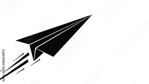 Black paper airplane soaring through the sky with speed lines, symbolizing travel and ambition.