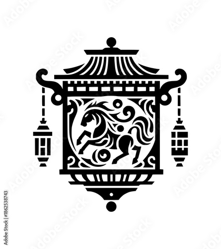 Black silhouette of a traditional Chinese lantern with a horse design, hanging ornaments on a white background, celebrating Chinese New Year with a festive and cultural mood.