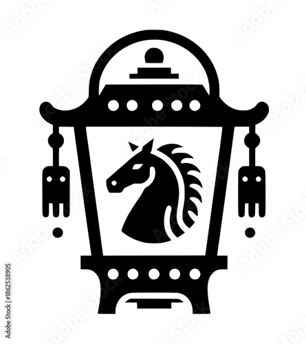 A black silhouette of a lantern with a horse head design, symbolizing good fortune during Chinese New Year, against a clean white background.