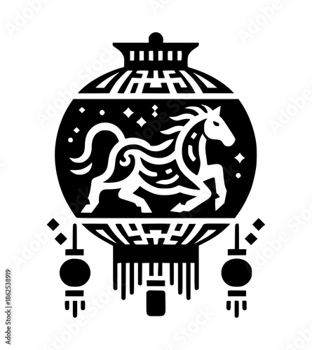 Black and white illustration of a horse inside a lantern with geometric patterns for Chinese New Year on a white background.