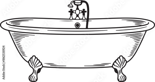 A black and white line drawing illustration of a vintage bathtub with claw feet and faucet